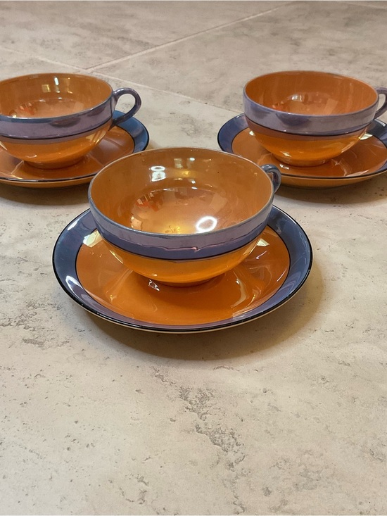 Meito Other - Vintage set of three Meito Lusterware iridescent orange & blue cups and saucers